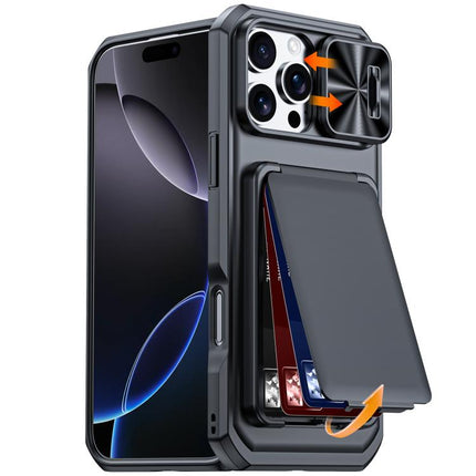 Flip Card Holder Sliding Camera Cover PC Hybrid TPU Phone Case, For iPhone 17 Pro Max, For iPhone 16 Pro Max, For iPhone 15 Pro Max