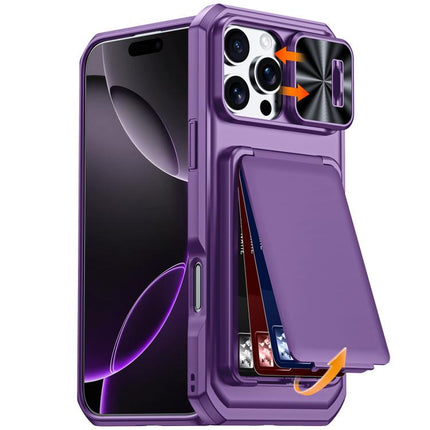 Flip Card Holder Sliding Camera Cover PC Hybrid TPU Phone Case, For iPhone 17 Pro Max, For iPhone 16 Pro Max, For iPhone 15 Pro Max
