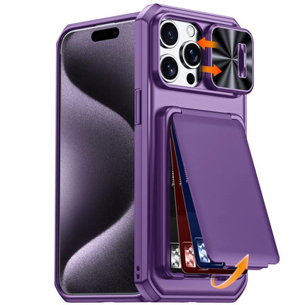 Flip Card Holder Sliding Camera Cover PC Hybrid TPU Phone Case, For iPhone 17 Pro Max, For iPhone 16 Pro Max, For iPhone 15 Pro Max