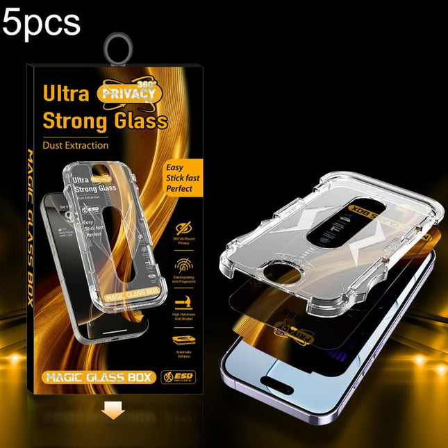 5pcs Easy Install Dust-proof Box 360 Privacy Tempered Glass Film, For iPhone 17e / 16e / 14 / 13 Pro, For iPhone 17 Pro Max, For iPhone 17 Pro, For iPhone 17 / 16 Pro, For iPhone Air, For iPhone 16 Pro Max, For iPhone 16 Plus / 15 Plus, For iPhone 16 /...