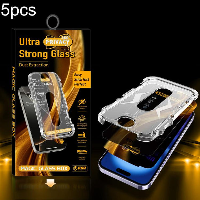 5pcs Easy Install Dust-proof Box 360 Privacy Tempered Glass Film, For iPhone 17e / 16e / 14 / 13 Pro, For iPhone 17 Pro Max, For iPhone 17 Pro, For iPhone 17 / 16 Pro, For iPhone Air, For iPhone 16 Pro Max, For iPhone 16 Plus / 15 Plus, For iPhone 16 /...