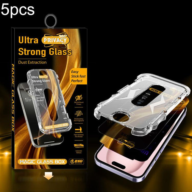 5pcs Easy Install Dust-proof Box 360 Privacy Tempered Glass Film, For iPhone 17e / 16e / 14 / 13 Pro, For iPhone 17 Pro Max, For iPhone 17 Pro, For iPhone 17 / 16 Pro, For iPhone Air, For iPhone 16 Pro Max, For iPhone 16 Plus / 15 Plus, For iPhone 16 /...