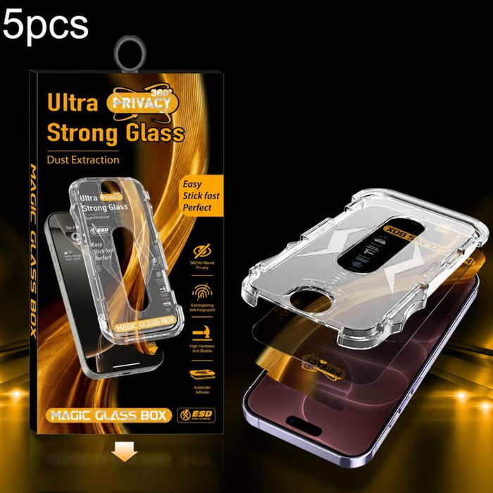 5pcs Easy Install Dust-proof Box 360 Privacy Tempered Glass Film, For iPhone 17e / 16e / 14 / 13 Pro, For iPhone 17 Pro Max, For iPhone 17 Pro, For iPhone 17 / 16 Pro, For iPhone Air, For iPhone 16 Pro Max, For iPhone 16 Plus / 15 Plus, For iPhone 16 /...