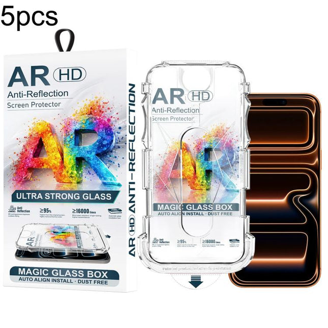 5pcs Easy Install Dust-proof Box AR HD Tempered Glass Film, For iPhone 17e / 16e / 14 / 13 Pro, For iPhone 17 Pro Max, For iPhone 17 Pro, For iPhone 17 / 16 Pro, For iPhone Air, For iPhone 16 Pro Max, For iPhone 16 Plus / 15 Plus, For iPhone 16 / 15   ...