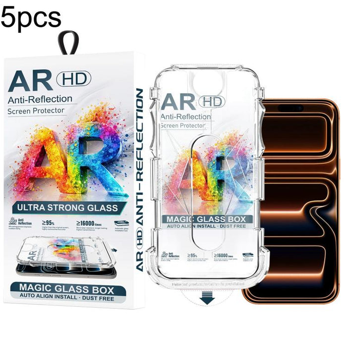 5pcs Easy Install Dust-proof Box AR HD Tempered Glass Film, For iPhone 17e / 16e / 14 / 13 Pro, For iPhone 17 Pro Max, For iPhone 17 Pro, For iPhone 17 / 16 Pro, For iPhone Air, For iPhone 16 Pro Max, For iPhone 16 Plus / 15 Plus, For iPhone 16 / 15   ...