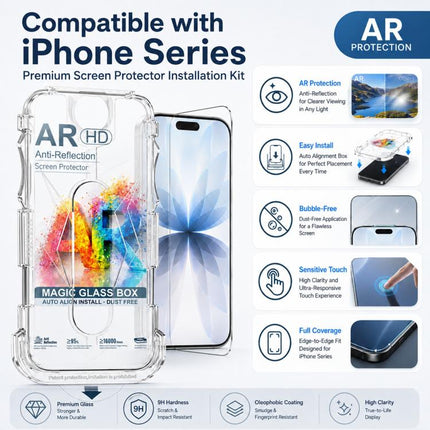 5pcs Easy Install Dust-proof Box AR HD Tempered Glass Film, For iPhone 17e / 16e / 14 / 13 Pro, For iPhone 17 Pro Max, For iPhone 17 Pro, For iPhone 17 / 16 Pro, For iPhone Air, For iPhone 16 Pro Max, For iPhone 16 Plus / 15 Plus, For iPhone 16 / 15   ...