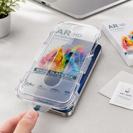 5pcs Easy Install Dust-proof Box AR HD Tempered Glass Film, For iPhone 17e / 16e / 14 / 13 Pro, For iPhone 17 Pro Max, For iPhone 17 Pro, For iPhone 17 / 16 Pro, For iPhone Air, For iPhone 16 Pro Max, For iPhone 16 Plus / 15 Plus, For iPhone 16 / 15   ...
