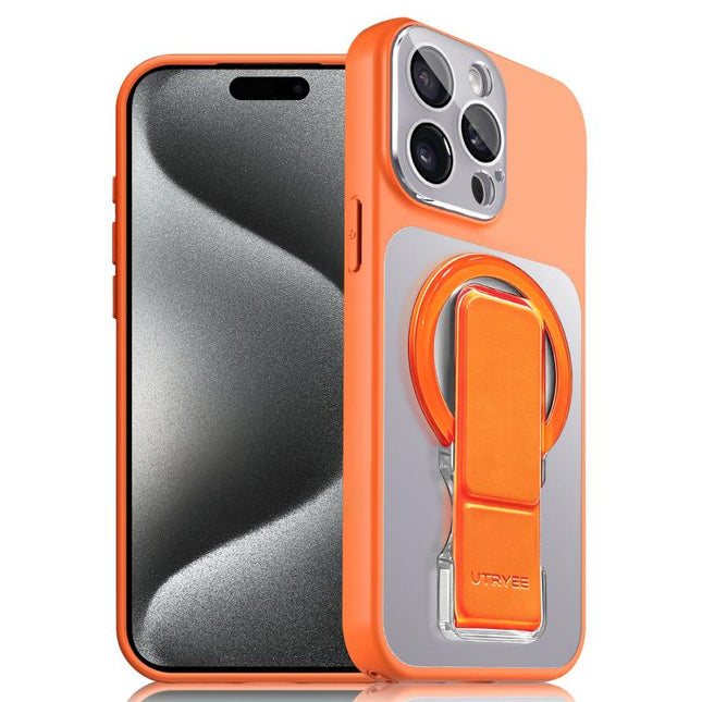 UTRYEE Colorful Silver Magnetic Phone Case with PU Fold Holder, For iPhone 16 Pro, For iPhone 16, For iPhone 15 Pro Max, For iPhone 15 Pro