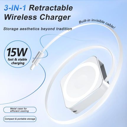3 in 1 Magnetic 15W Wireless Charger with Retractable Type-C Cable