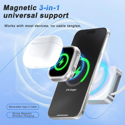 3 in 1 Magnetic 15W Wireless Charger with Retractable Type-C Cable