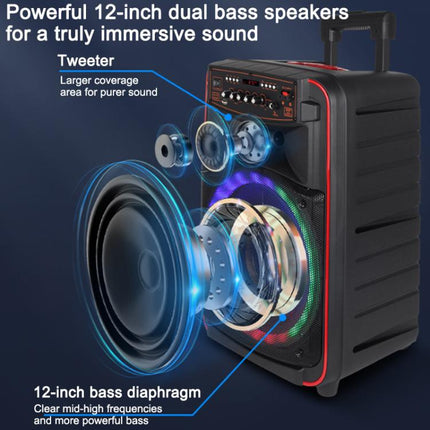 N-625 Outdoor Karaoke 12-inch Woofer RGB Portable Trolley Bluetooth Speaker with Dual Wireless Mic, US Plug, EU Plug, UK Plug