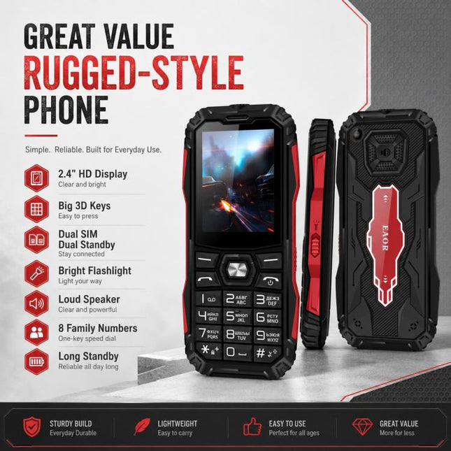 HE248 Rugged Style Phone, 2.4 inch, 3D Keys Network: 2G, Dual SIM, BT, Torch, Russian Keyboard, No Power Plug