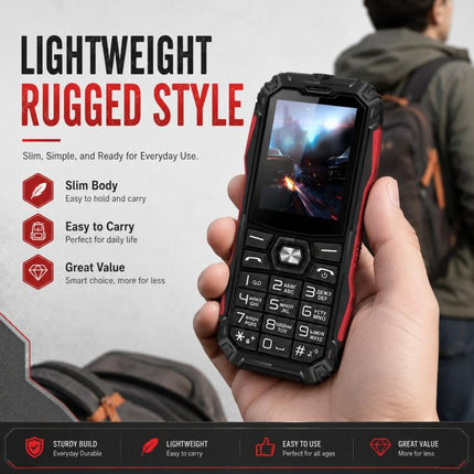 HE248 Rugged Style Phone, 2.4 inch, 3D Keys Network: 2G, Dual SIM, BT, Torch, Russian Keyboard, EU Plug, US Plug, UK Plug