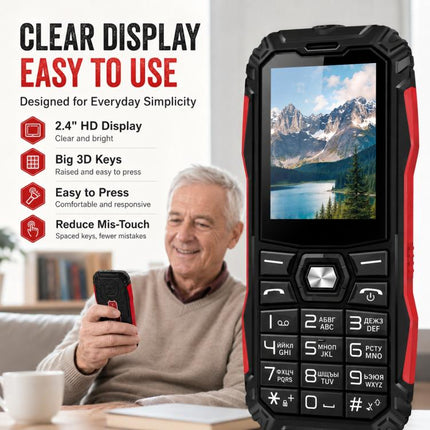 HE248 Rugged Style Phone, 2.4 inch, 3D Keys Network: 2G, Dual SIM, BT, Torch, Russian Keyboard, EU Plug, US Plug, UK Plug