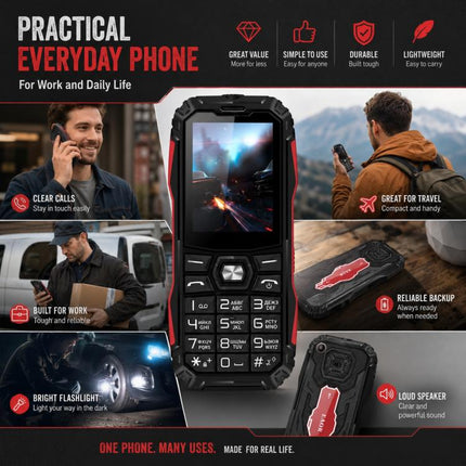 HE248 Rugged Style Phone, 2.4 inch, 3D Keys Network: 2G, Dual SIM, BT, Torch, Russian Keyboard, EU Plug, US Plug, UK Plug