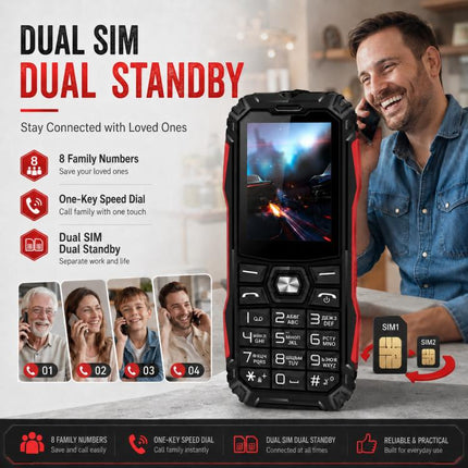 HE248 Rugged Style Phone, 2.4 inch, 3D Keys Network: 2G, Dual SIM, BT, Torch, Russian Keyboard, EU Plug, US Plug, UK Plug