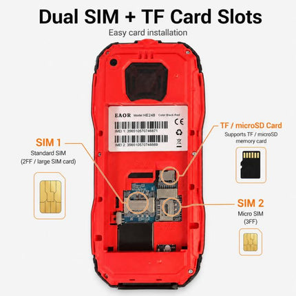 HE248 Rugged Style Phone, 2.4 inch, 3D Keys Network: 2G, Dual SIM, BT, Torch, Russian Keyboard, EU Plug, US Plug, UK Plug