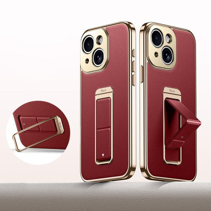 Metal Holder Foldable Wristband Precise Cutout Vegan Leather Phone Case, For iPhone 15 Pro Max, For iPhone 15 Pro, For iPhone 15, For iPhone 14, For iPhone 14 Pro, For iPhone 14 Pro Max