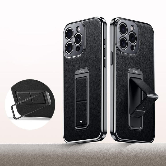 Metal Holder Foldable Wristband Precise Cutout Vegan Leather Phone Case, For iPhone 15 Pro Max, For iPhone 15 Pro, For iPhone 15, For iPhone 14, For iPhone 14 Pro, For iPhone 14 Pro Max