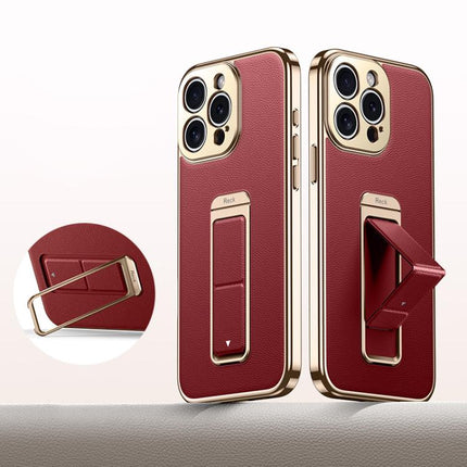 Metal Holder Foldable Wristband Precise Cutout Vegan Leather Phone Case, For iPhone 15 Pro Max, For iPhone 15 Pro, For iPhone 15, For iPhone 14, For iPhone 14 Pro, For iPhone 14 Pro Max