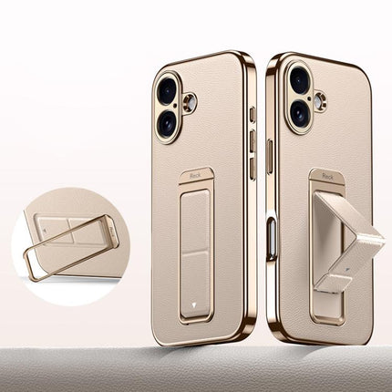 Metal Holder Foldable Wristband Precise Cutout Vegan Leather Phone Case, For iPhone 17 Pro Max, For iPhone 17 Pro, For iPhone 17, For iPhone 16 Pro Max, For iPhone 16 Pro, For iPhone 16