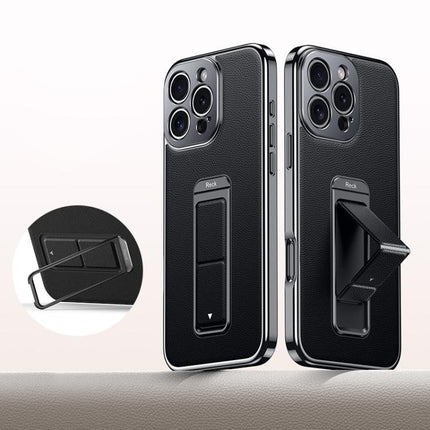 Metal Holder Foldable Wristband Precise Cutout Vegan Leather Phone Case, For iPhone 17 Pro Max, For iPhone 17 Pro, For iPhone 17, For iPhone 16 Pro Max, For iPhone 16 Pro, For iPhone 16