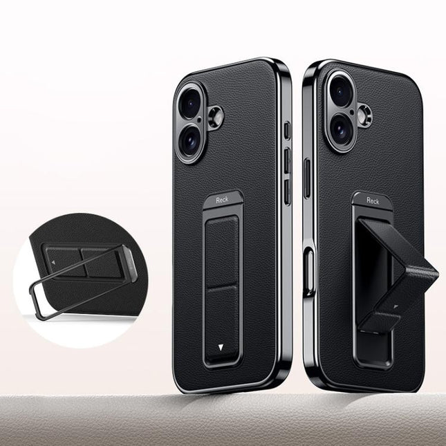 Metal Holder Foldable Wristband Precise Cutout Vegan Leather Phone Case, For iPhone 17 Pro Max, For iPhone 17 Pro, For iPhone 17, For iPhone 16 Pro Max, For iPhone 16 Pro, For iPhone 16