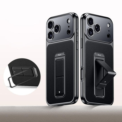 Metal Holder Foldable Wristband Precise Cutout Vegan Leather Phone Case, For iPhone 17 Pro Max, For iPhone 17 Pro, For iPhone 17, For iPhone 16 Pro Max, For iPhone 16 Pro, For iPhone 16