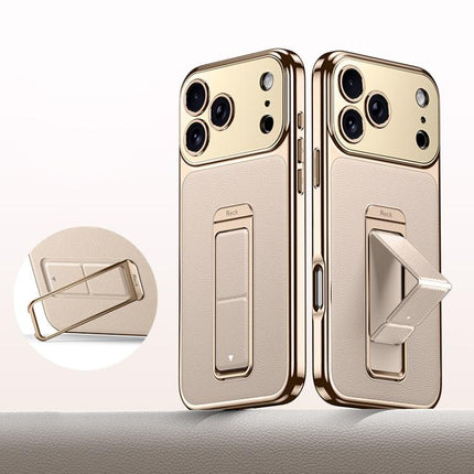 Metal Holder Foldable Wristband Precise Cutout Vegan Leather Phone Case, For iPhone 17 Pro Max, For iPhone 17 Pro, For iPhone 17, For iPhone 16 Pro Max, For iPhone 16 Pro, For iPhone 16