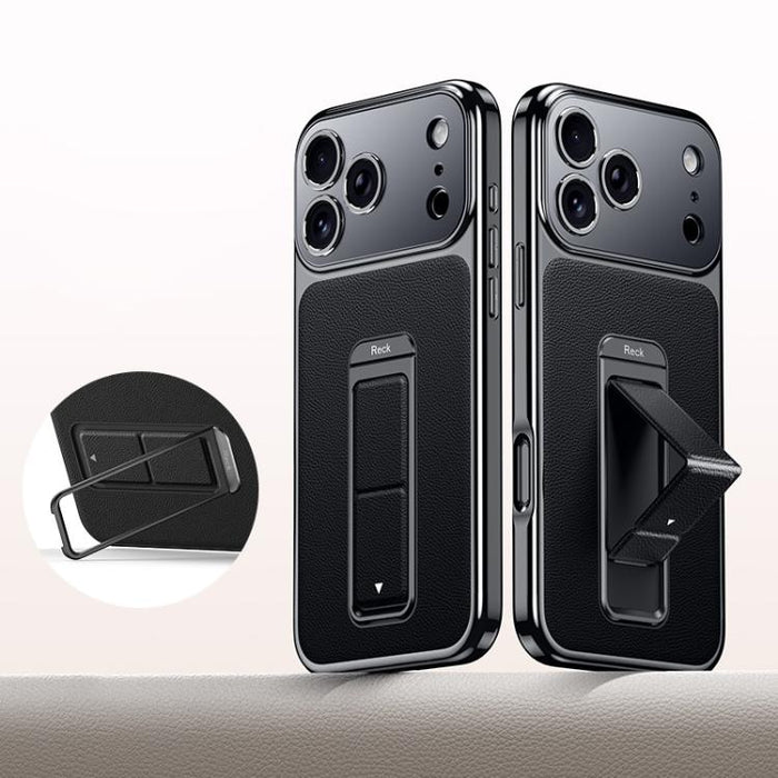 Metal Holder Foldable Wristband Precise Cutout Vegan Leather Phone Case, For iPhone 17 Pro Max, For iPhone 17 Pro, For iPhone 17, For iPhone 16 Pro Max, For iPhone 16 Pro, For iPhone 16