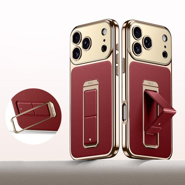 Metal Holder Foldable Wristband Precise Cutout Vegan Leather Phone Case, For iPhone 17 Pro Max, For iPhone 17 Pro, For iPhone 17, For iPhone 16 Pro Max, For iPhone 16 Pro, For iPhone 16