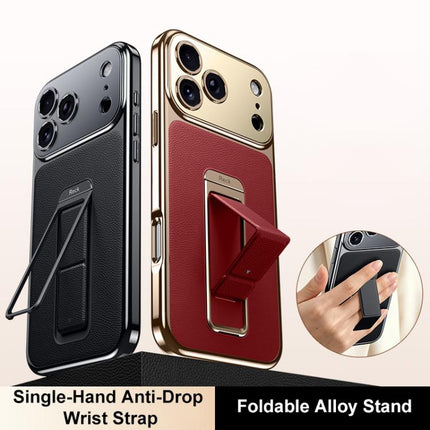 Metal Holder Foldable Wristband Precise Cutout Vegan Leather Phone Case, For iPhone 17 Pro Max, For iPhone 17 Pro, For iPhone 17, For iPhone 16 Pro Max, For iPhone 16 Pro, For iPhone 16