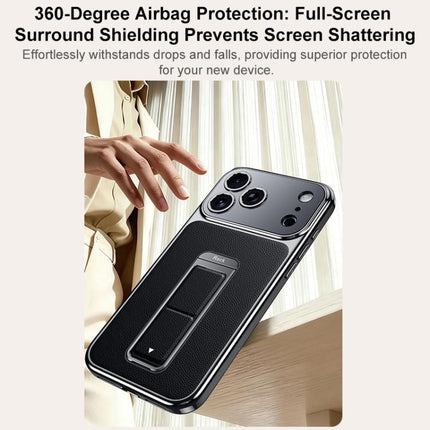Metal Holder Foldable Wristband Precise Cutout Vegan Leather Phone Case, For iPhone 17 Pro Max, For iPhone 17 Pro, For iPhone 17, For iPhone 16 Pro Max, For iPhone 16 Pro, For iPhone 16