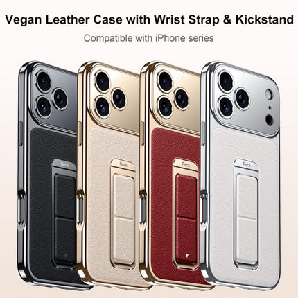 Metal Holder Foldable Wristband Precise Cutout Vegan Leather Phone Case, For iPhone 15 Pro Max, For iPhone 15 Pro, For iPhone 15, For iPhone 14, For iPhone 14 Pro, For iPhone 14 Pro Max