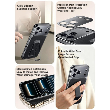 Metal Holder Foldable Wristband Precise Cutout Vegan Leather Phone Case, For iPhone 17 Pro Max, For iPhone 17 Pro, For iPhone 17, For iPhone 16 Pro Max, For iPhone 16 Pro, For iPhone 16