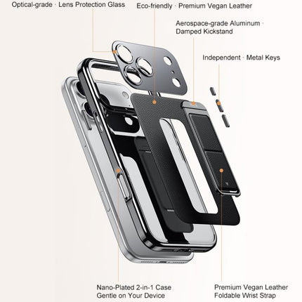 Metal Holder Foldable Wristband Precise Cutout Vegan Leather Phone Case, For iPhone 17 Pro Max, For iPhone 17 Pro, For iPhone 17, For iPhone 16 Pro Max, For iPhone 16 Pro, For iPhone 16