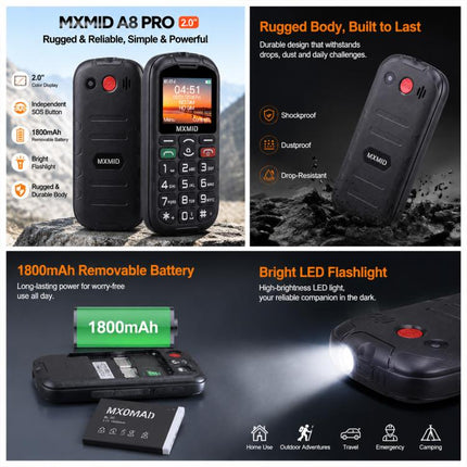 MXMID A8 Pro, 2.0 inch Big Button Rugged Style Senior Phone, SOS, BT, Torch, Network: 2G, EU Plug, US Plug, UK Plug, AU Plug