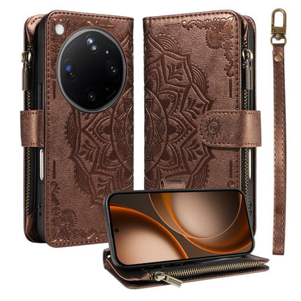 Mandala Embossed 9-Card Zipper RFID Vegan Leather Phone Case with Short Lanyard, For OPPO Reno16 FS 5G, For OPPO Find X9 Ultra 5G