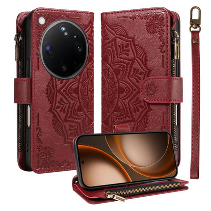 Mandala Embossed 9-Card Zipper RFID Vegan Leather Phone Case with Short Lanyard, For OPPO Reno16 FS 5G, For OPPO Find X9 Ultra 5G