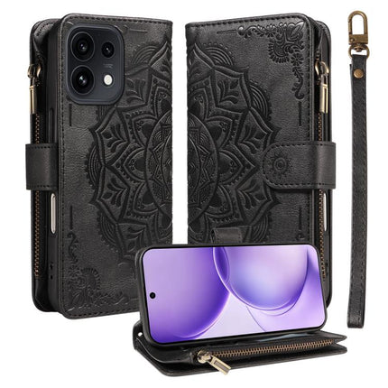 Mandala Embossed 9-Card Zipper RFID Vegan Leather Phone Case with Short Lanyard, For OPPO Reno16 FS 5G, For OPPO Find X9 Ultra 5G
