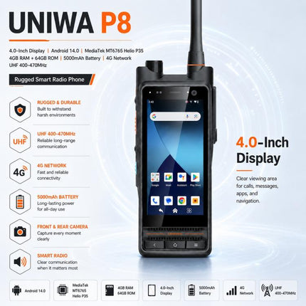UNIWA P8 UHF Walkie-Talkie Rugged Phone, 4GB+64GB, 4.0 inch Android 14.0 Mediatek MT6762 Octa Core, Network: 4G, OTG, EU Plug, US Plug, UK Plug, AU Plug