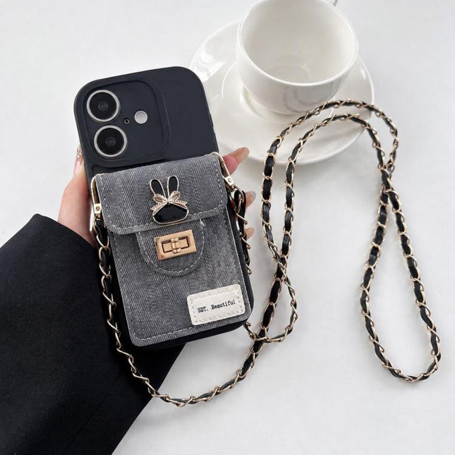 Denim Patterned Rabbit Card Bag Phone Case with Crossbody Chain, For iPhone 18, For iPhone 18 Pro, For iPhone 18 Pro Max, For iPhone 17 Pro Max, For iPhone 17 Pro, For iPhone 17, For iPhone 16 Pro Max, For iPhone 16 Pro, For iPhone 16 Plus, For iPhone ...