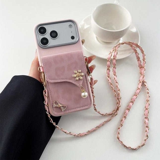 Leather Leopard Print Card Bag Phone Case with Crossbody Chain, For iPhone 17 Pro, For iPhone 17, For iPhone 16 Pro Max, For iPhone 16 Pro
