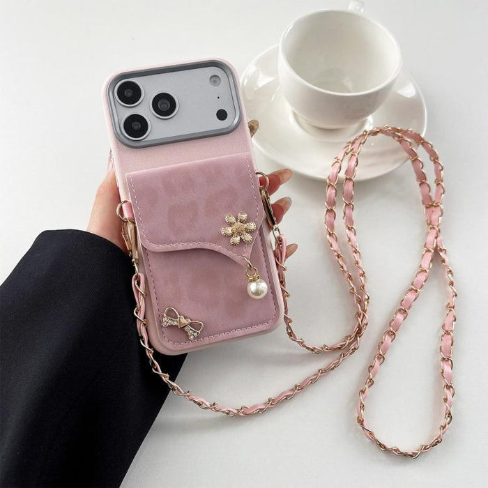 Leather Leopard Print Card Bag Phone Case with Crossbody Chain, For iPhone 17 Pro, For iPhone 17, For iPhone 16 Pro Max, For iPhone 16 Pro