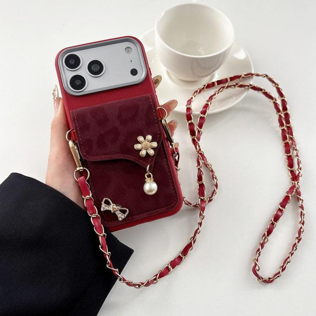 Leather Leopard Print Card Bag Phone Case with Crossbody Chain, For iPhone 17 Pro, For iPhone 17, For iPhone 16 Pro Max, For iPhone 16 Pro