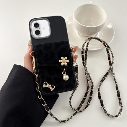 Leather Leopard Print Card Bag Phone Case with Crossbody Chain, For iPhone 16 Plus, For iPhone 16, For iPhone 15 Pro Max, For iPhone 15 Pro