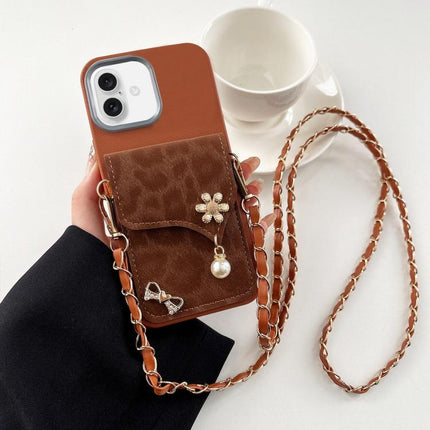 Leather Leopard Print Card Bag Phone Case with Crossbody Chain, For iPhone 16 Plus, For iPhone 16, For iPhone 15 Pro Max, For iPhone 15 Pro