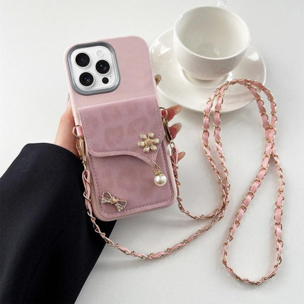 Leather Leopard Print Card Bag Phone Case with Crossbody Chain, For iPhone 16 Plus, For iPhone 16, For iPhone 15 Pro Max, For iPhone 15 Pro