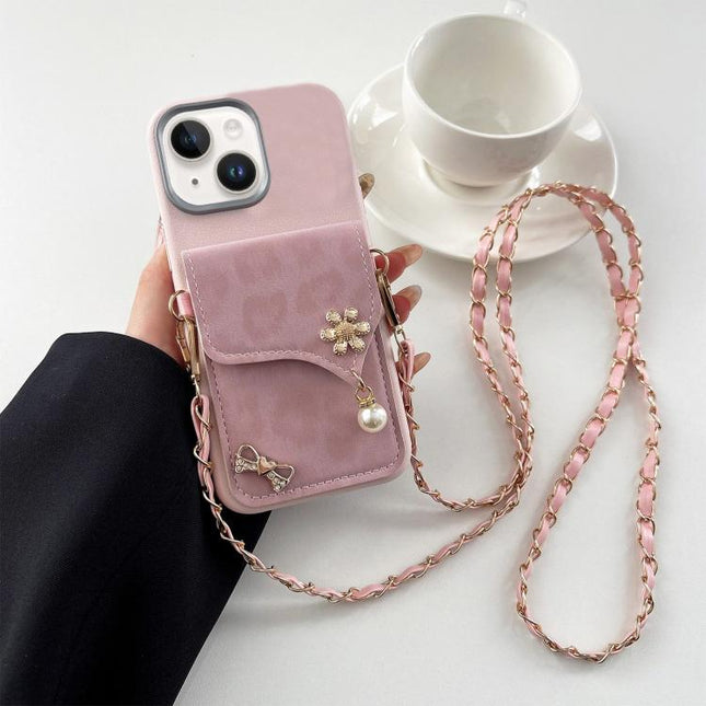 Leather Leopard Print Card Bag Phone Case with Crossbody Chain, For iPhone 15 Plus, For iPhone 15