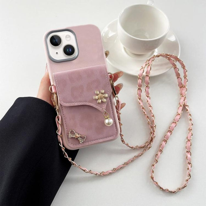 Leather Leopard Print Card Bag Phone Case with Crossbody Chain, For iPhone 15 Plus, For iPhone 15